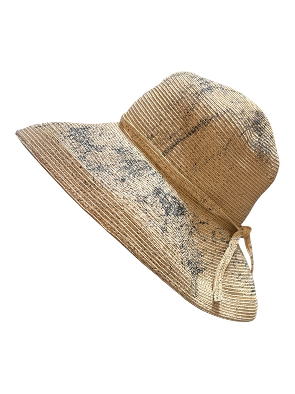 Wide-Brim Paper Sun Hat in Natural Tan and Black Splash